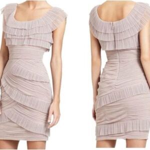 BCBGMaxazria Briana Sepia Mesh Ruffle Pleated Rusched Cocktail Dress $348 0